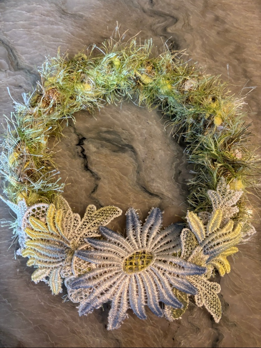 Handcrafted OOAK Green and Yellow Floral Wreath - Decorative Home Accent